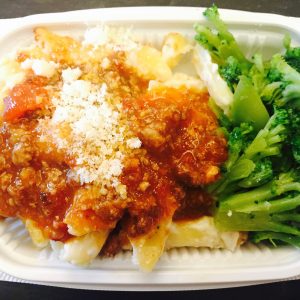 Mac and Cheese with Bolognese sauce and sautéed broccoli